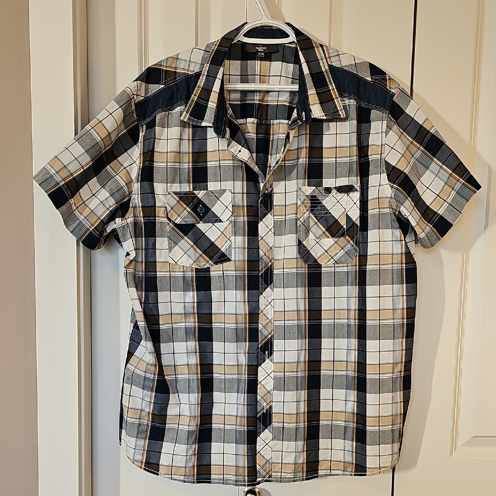 Men's Plaid Short Sleeve casual dress Shirt - Blue, White, Tan